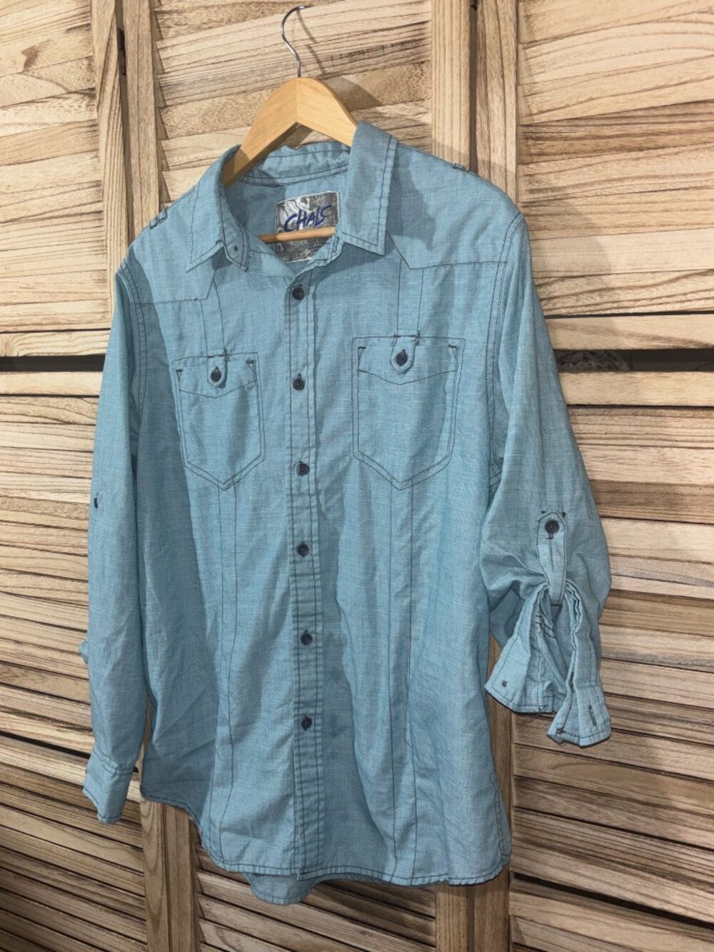 Chalc Men’s Lightweight Outdoor Hiking Shirt Blue Roll-Up Sleeve Size L